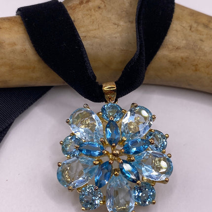 Vintage Gold Pendant Necklace | Blue Topaz Aquamarine Gemstone Flower Crown Setting | Golden 925 Sterling Silver Velvet Ribbon Choker