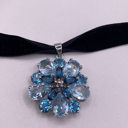 Vintage Gemstone Pendant Choker Necklace | Aquamarine Blue Topaz Gemstone Flower Crown Cluster | 925 Sterling Silver Velvet Choker Necklace