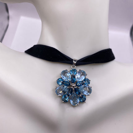 Vintage Gemstone Pendant Choker Necklace | Aquamarine Blue Topaz Gemstone Flower Crown Cluster | 925 Sterling Silver Velvet Choker Necklace