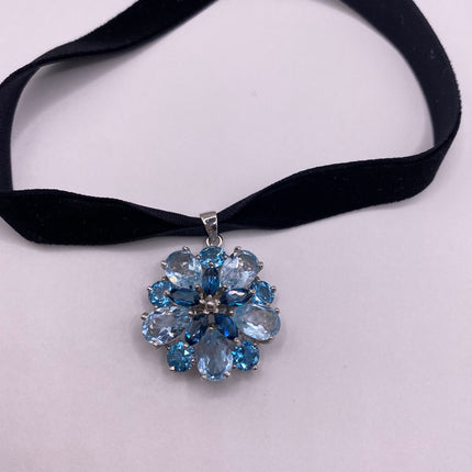 Vintage Gemstone Pendant Choker Necklace | Aquamarine Blue Topaz Gemstone Flower Crown Cluster | 925 Sterling Silver Velvet Choker Necklace