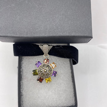 Vintage Flower 925 Sterling Silver Black Velvet Choker Necklace