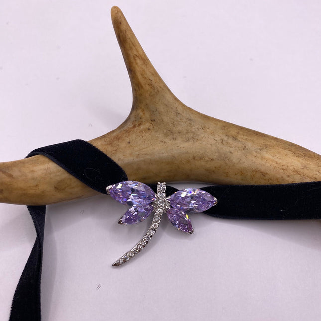 Vintage Silver Choker Necklace | Lavender Purple Jade Gemstone Crystal Lucky Butterfly Charm | 925 Sterling Silver Statement Choker