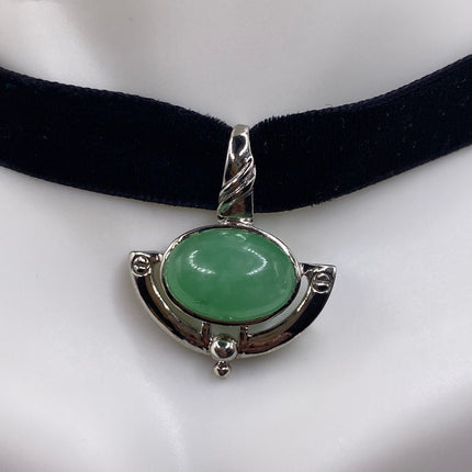 Vintage Silver Pendant | Green Jade Gemstone | 925 Sterling Silver Charm Velvet Choker Necklace - Lucky Green Stone
