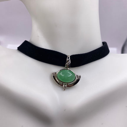 Vintage Silver Pendant | Green Jade Gemstone | 925 Sterling Silver Charm Velvet Choker Necklace - Lucky Green Stone