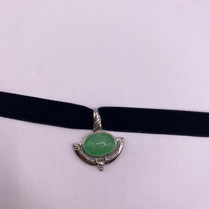 Vintage Silver Pendant | Green Jade Gemstone | 925 Sterling Silver Charm Velvet Choker Necklace - Lucky Green Stone