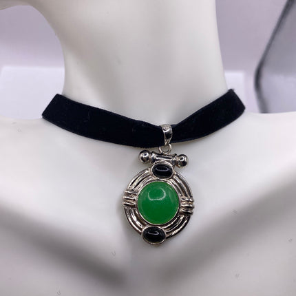 Vintage Silver Pendant | Green Jade Black Onyx Gemstone Pendant | 925 Sterling Silver Charm Velvet Choker Necklace - Lucky Green Stone