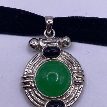 Vintage Silver Pendant | Green Jade Black Onyx Gemstone Pendant | 925 Sterling Silver Charm Velvet Choker Necklace - Lucky Green Stone
