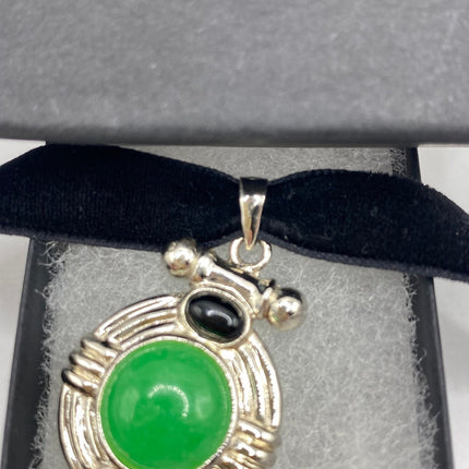 Vintage Silver Pendant | Green Jade Black Onyx Gemstone Pendant | 925 Sterling Silver Charm Velvet Choker Necklace - Lucky Green Stone