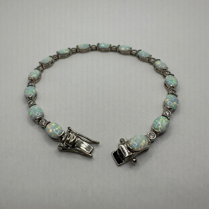 Vintage Silver Tennis Bracelet | White Fire Opal Gemstone Cubic Zirconia Crystal Diamond | 925 Sterling Silver