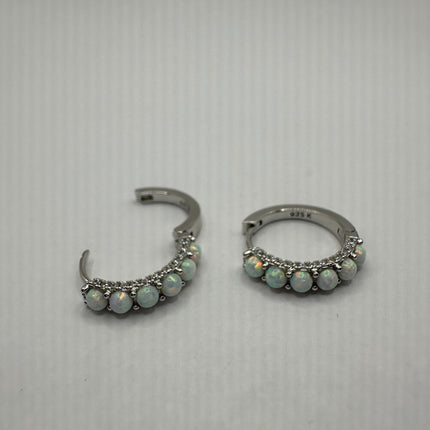 Vintage Silver Earrings | Tiny White Fire Opal Gemstone Bead Hoop Loop Huggie Earrings | 925 Sterling Silver Small Minimalist Everyday