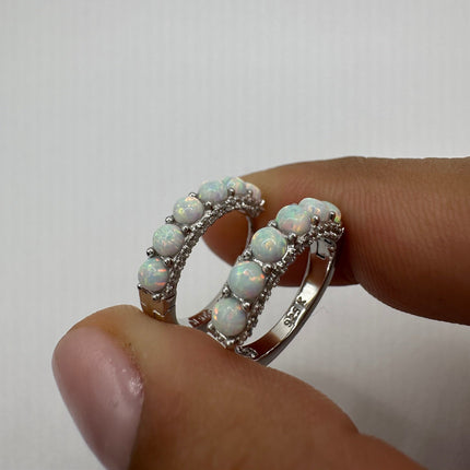 Vintage Silver Earrings | Tiny White Fire Opal Gemstone Bead Hoop Loop Huggie Earrings | 925 Sterling Silver Small Minimalist Everyday