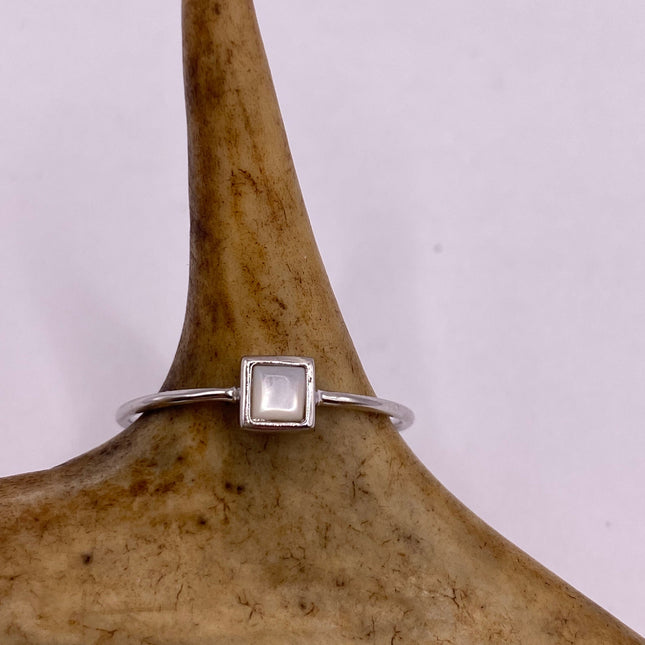 Vintage Tiny Mother of White Pearl Stacking Promise Ring - 925 Sterling Silver Band Minimalist Jewelry for Prom Wedding or Everyday Ring