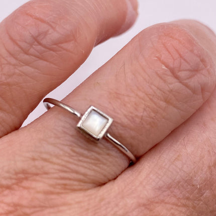 Vintage Tiny Mother of White Pearl Stacking Promise Ring - 925 Sterling Silver Band Minimalist Jewelry for Prom Wedding or Everyday Ring