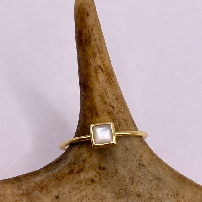 Vintage Tiny Mother of White Pearl Stacking Promise Ring - 925 Sterling Silver Gold Band Minimalist Jewelry for Prom Wedding or Everyday