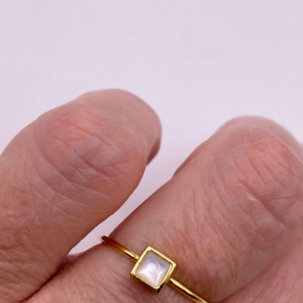 Vintage Tiny Mother of White Pearl Stacking Promise Ring - 925 Sterling Silver Gold Band Minimalist Jewelry for Prom Wedding or Everyday