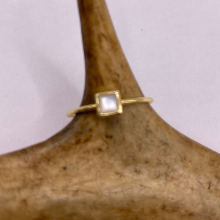 Vintage Tiny Mother of White Pearl Stacking Promise Ring - 925 Sterling Silver Gold Band Minimalist Jewelry for Prom Wedding or Everyday