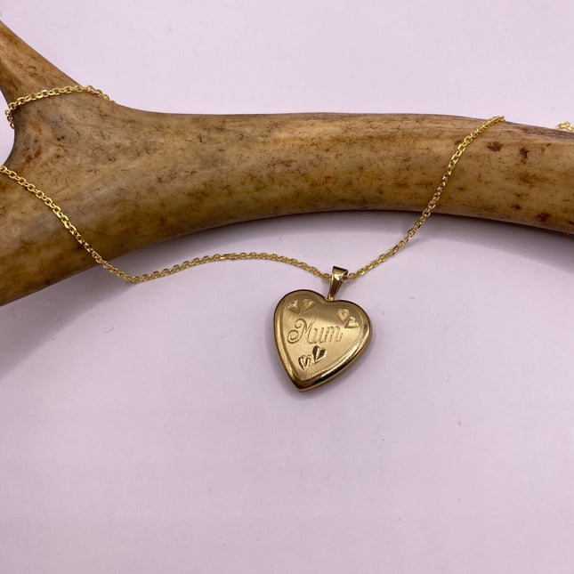 Vintage Gold Locket | Tiny 9k Gold Filled Heart Pendant Photo Memory Charm Engraved Mum | Golden 925 Sterling Silver Chain Necklace