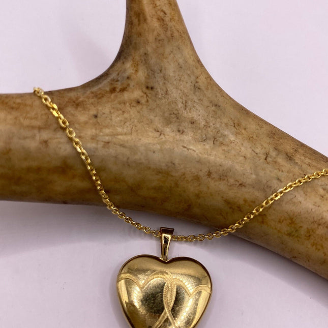 Vintage Gold Locket | Tiny 9k Gold Filled Heart Pendant Photo Memory Charm Engraved Two Hearts | Golden 925 Sterling Silver Chain Necklace