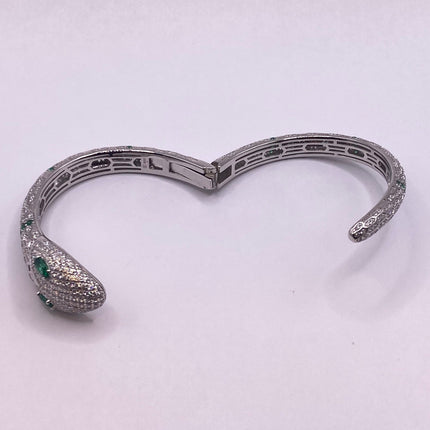 Vintage Silver Snake Bracelet | Emerald Green and Cubic Zirconia Crystal Diamond Serpent Bangle Cuff | 925 Sterling Silver Bracelet
