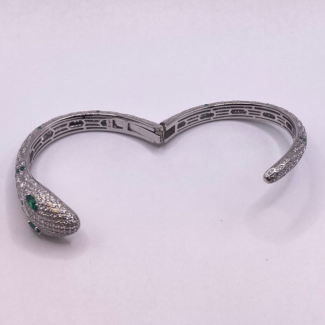 Vintage Silver Snake Bracelet | Emerald Green and Cubic Zirconia Crystal Diamond Serpent Bangle Cuff | 925 Sterling Silver Bracelet