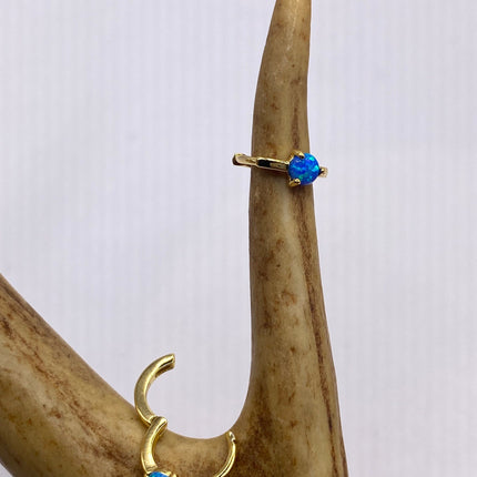 Tiny Gold Earrings | Mini Blue Fire Opal Gemstone | Golden 925 Sterling Silver Dainty Dangle Hoop Loop Huggie Earrings | Something Blue