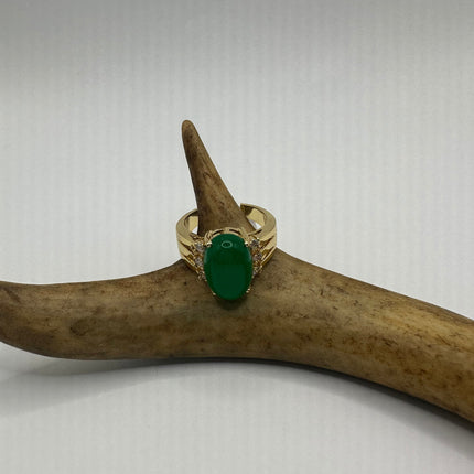 Vintage Gold Jade Ring | Green Gemstone Jade Crystal Birthstone Lucky Cocktail Ring | Golden Bronze Gold Ring