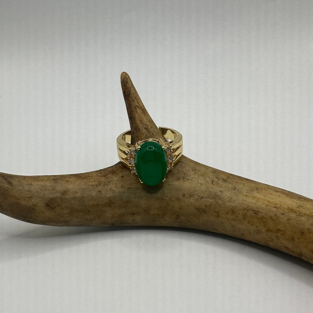 Vintage Gold Jade Ring | Green Gemstone Jade Crystal Birthstone Lucky Cocktail Ring | Golden Bronze Gold Ring