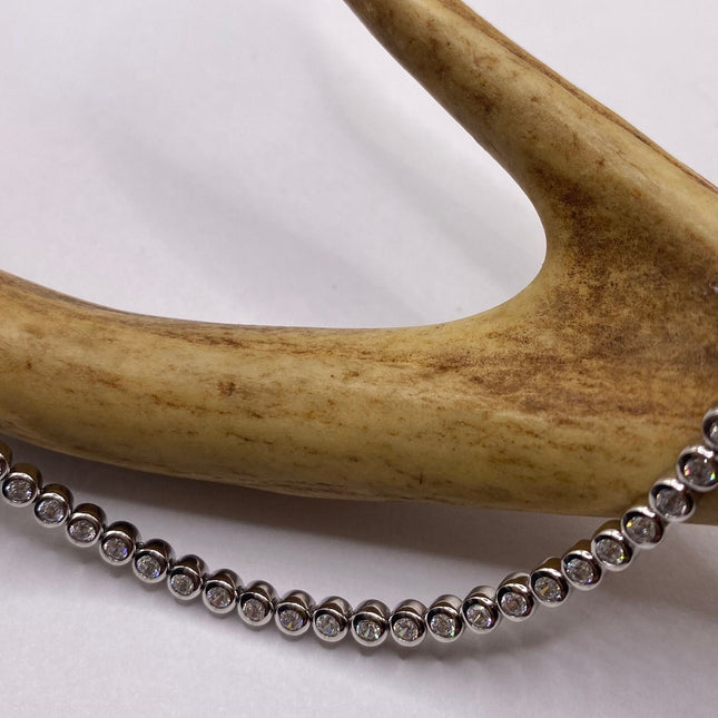 Vintage Silver Tennis Bracelet | Tiny Diamond Cubic Zirconia Clear Crystal Bezel Set | 925 Sterling Silver Bracelet Minimalist Style Jewelry