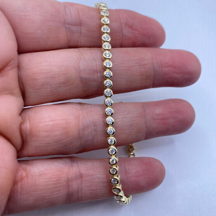 Vintage Gold Tennis Bracelet | Bezel Set Cubic Zirconia Crystal Diamond Gemstone | Golden 925 Sterling Silver Stackable Tennis Bracelet