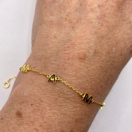 Gold Letter Bracelet | Tiny Charm Word | Vintage Style Dainty Gold 925 Sterling Silver Jewelry for Mama Love Bracelet