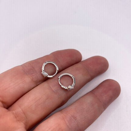 Vintage Silver Earrings | Tiny White Fire Opal Hoop Loop Earrings 925 Sterling Silver | Minimalist Style