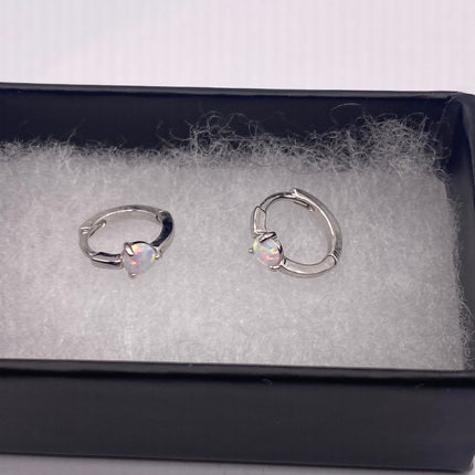 Vintage Silver Earrings | Tiny White Fire Opal Hoop Loop Earrings 925 Sterling Silver | Minimalist Style