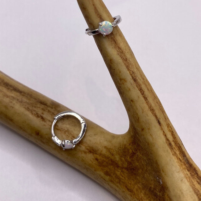 Vintage Silver Earrings | Tiny White Fire Opal Hoop Loop Earrings 925 Sterling Silver | Minimalist Style