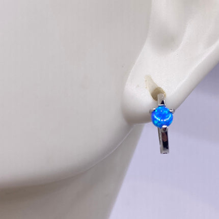 Tiny Silver Earrings | Mini Blue Fire Opal Gemstone | 925 Sterling Silver Dainty Dangle Hoop Loop Huggie Earrings | Everyday Something Blue