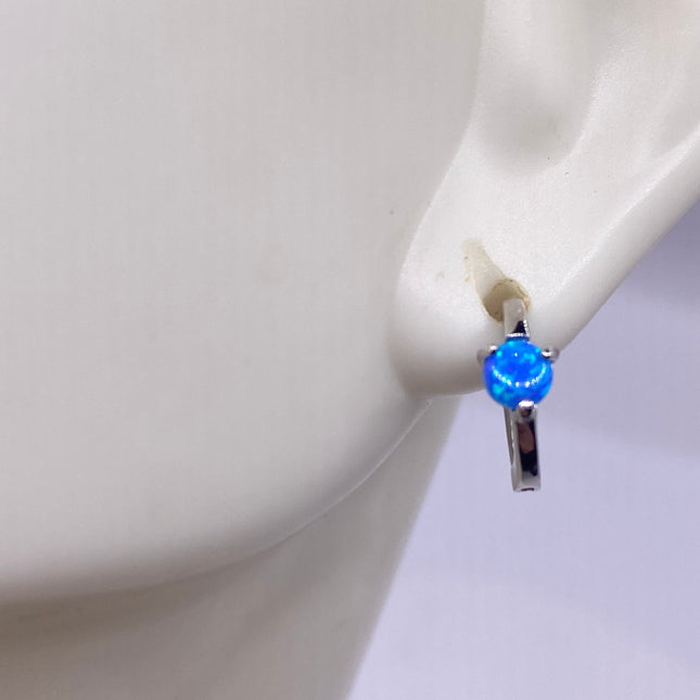 Tiny Silver Earrings | Mini Blue Fire Opal Gemstone | 925 Sterling Silver Dainty Dangle Hoop Loop Huggie Earrings | Everyday Something Blue