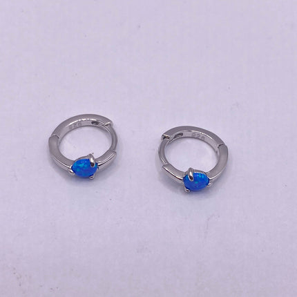 Tiny Silver Earrings | Mini Blue Fire Opal Gemstone | 925 Sterling Silver Dainty Dangle Hoop Loop Huggie Earrings | Everyday Something Blue