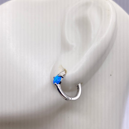 Tiny Silver Earrings | Mini Blue Fire Opal Gemstone | 925 Sterling Silver Dainty Dangle Hoop Loop Huggie Earrings | Everyday Something Blue