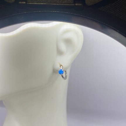 Tiny Silver Earrings | Mini Blue Fire Opal Gemstone | 925 Sterling Silver Dainty Dangle Hoop Loop Huggie Earrings | Everyday Something Blue