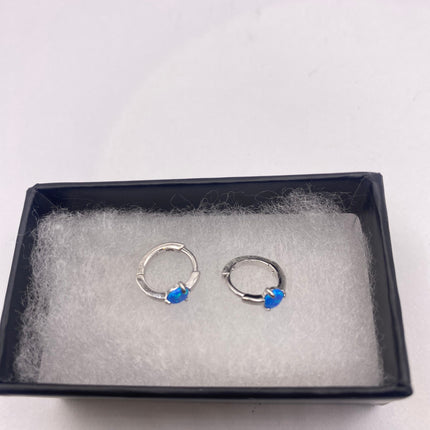 Tiny Silver Earrings | Mini Blue Fire Opal Gemstone | 925 Sterling Silver Dainty Dangle Hoop Loop Huggie Earrings | Everyday Something Blue