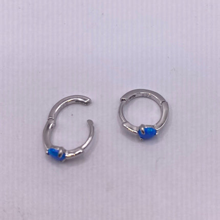 Tiny Silver Earrings | Mini Blue Fire Opal Gemstone | 925 Sterling Silver Dainty Dangle Hoop Loop Huggie Earrings | Everyday Something Blue