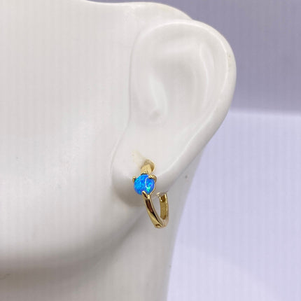 Tiny Gold Earrings | Mini Blue Fire Opal Gemstone | Golden 925 Sterling Silver Dainty Dangle Hoop Loop Huggie Earrings | Something Blue