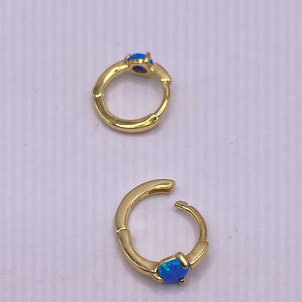 Tiny Gold Earrings | Mini Blue Fire Opal Gemstone | Golden 925 Sterling Silver Dainty Dangle Hoop Loop Huggie Earrings | Something Blue