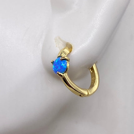 Tiny Gold Earrings | Mini Blue Fire Opal Gemstone | Golden 925 Sterling Silver Dainty Dangle Hoop Loop Huggie Earrings | Something Blue