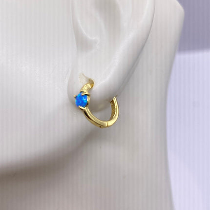 Tiny Gold Earrings | Mini Blue Fire Opal Gemstone | Golden 925 Sterling Silver Dainty Dangle Hoop Loop Huggie Earrings | Something Blue