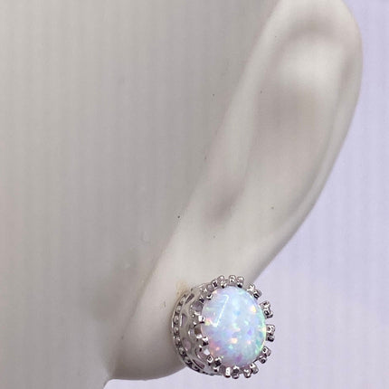 Vintage Silver Earrings | Tiny White Fire Opal Gemstone | 925 Sterling Silver Stud Button Earrings | Minimalist Everyday Jewelry