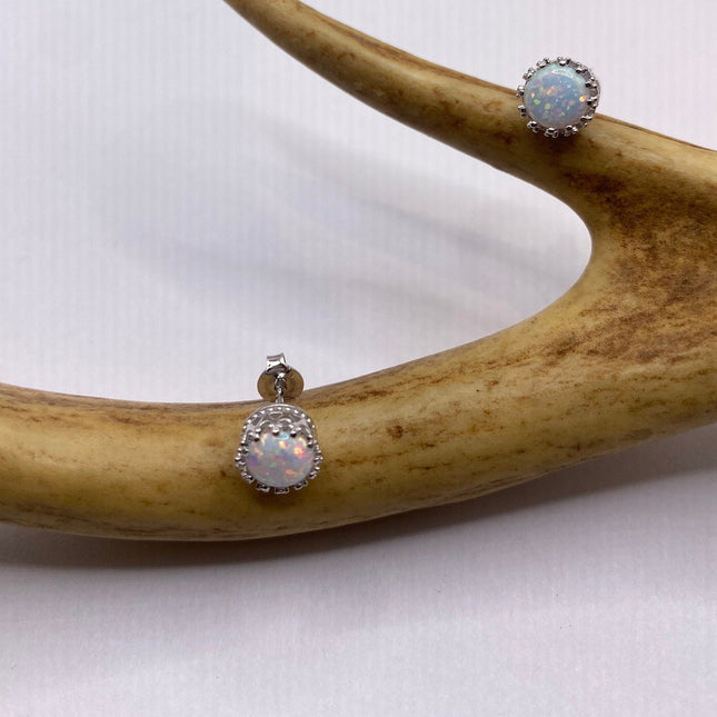 Vintage Silver Earrings | Tiny White Fire Opal Gemstone | 925 Sterling Silver Stud Button Earrings | Minimalist Everyday Jewelry