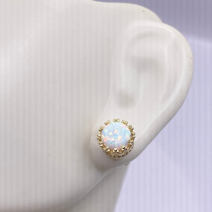 Vintage Gold Earrings | Tiny White Fire Opal Gemstone | Golden 925 Sterling Silver Stud Button Earrings | Minimalist Everyday Jewelry