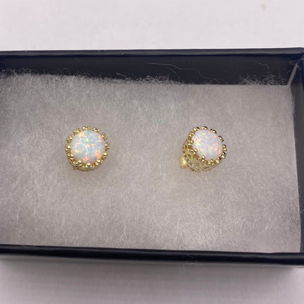 Vintage Gold Earrings | Tiny White Fire Opal Gemstone | Golden 925 Sterling Silver Stud Button Earrings | Minimalist Everyday Jewelry