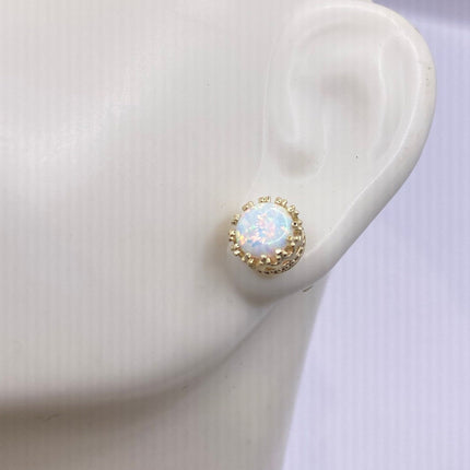 Vintage Gold Earrings | Tiny White Fire Opal Gemstone | Golden 925 Sterling Silver Stud Button Earrings | Minimalist Everyday Jewelry