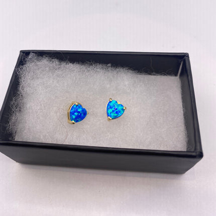 Vintage Gold Earrings | Tiny Blue Fire Opal Gemstone Heart | Golden 925 Sterling Silver Stud Button Earrings | Minimalist Everyday Jewelry